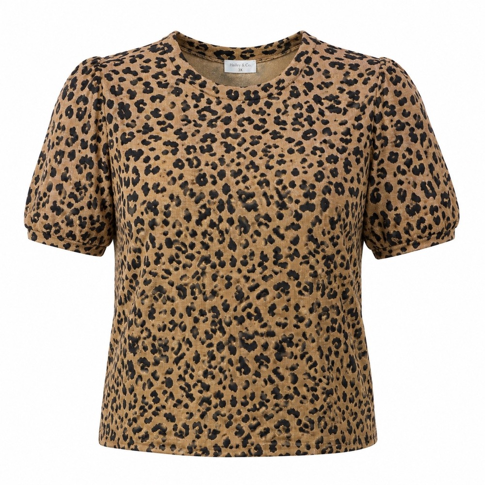 Leopard Puff Short Sleeve Textured Knit Brown 3X top blouse school cheetah edgy
